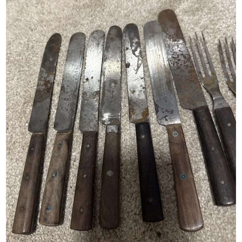 Antique 28 Forks Knives Civil War 1800s Wood Bone Handles Primitive Reenactment